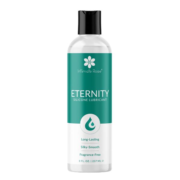 Bottle of Intimate Rose Eternity Silicone Lubricant, 8 fl. oz., with a green and white label.