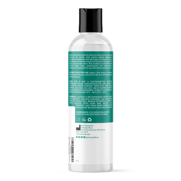 Bottle of Intimate Rose silicone lubricant with label instructions and ingredients.