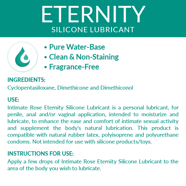 Bottle of Intimate Rose silicone lubricant with instructions and ingredients on the label.