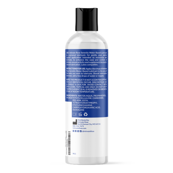 Bottle of Intimate Rose Serenity Water-Based Lubricant with blue label, black cap, and ingredient details.
