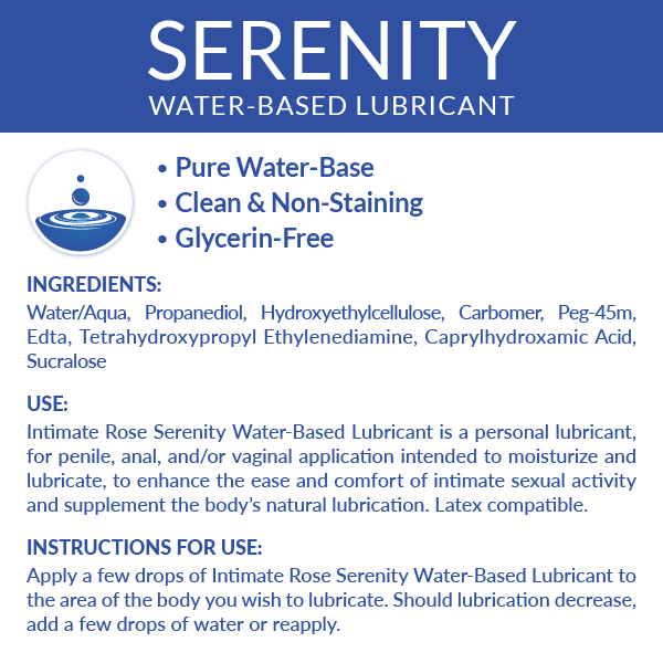 'Serenity water-based lubricant with pure water-base, non-staining, and glycerin-free formula; ingredients and usage instructions included.'