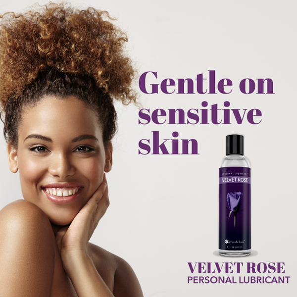 Smiling woman with Velvet Rose personal lubricant, labeled 'Gentle on sensitive skin.'