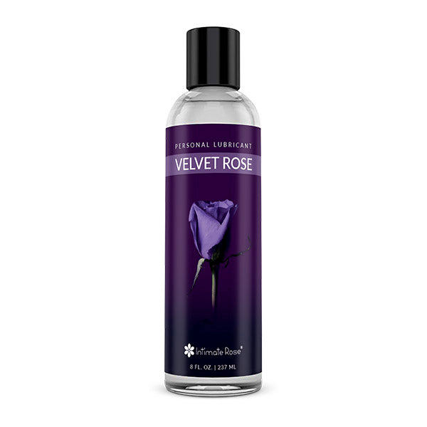 Bottle of Velvet Rose personal lubricant, featuring a purple rose on the label.