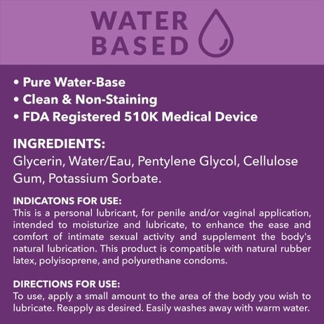 Water-based lubricant with ingredient list, usage indications, and instructions for use.